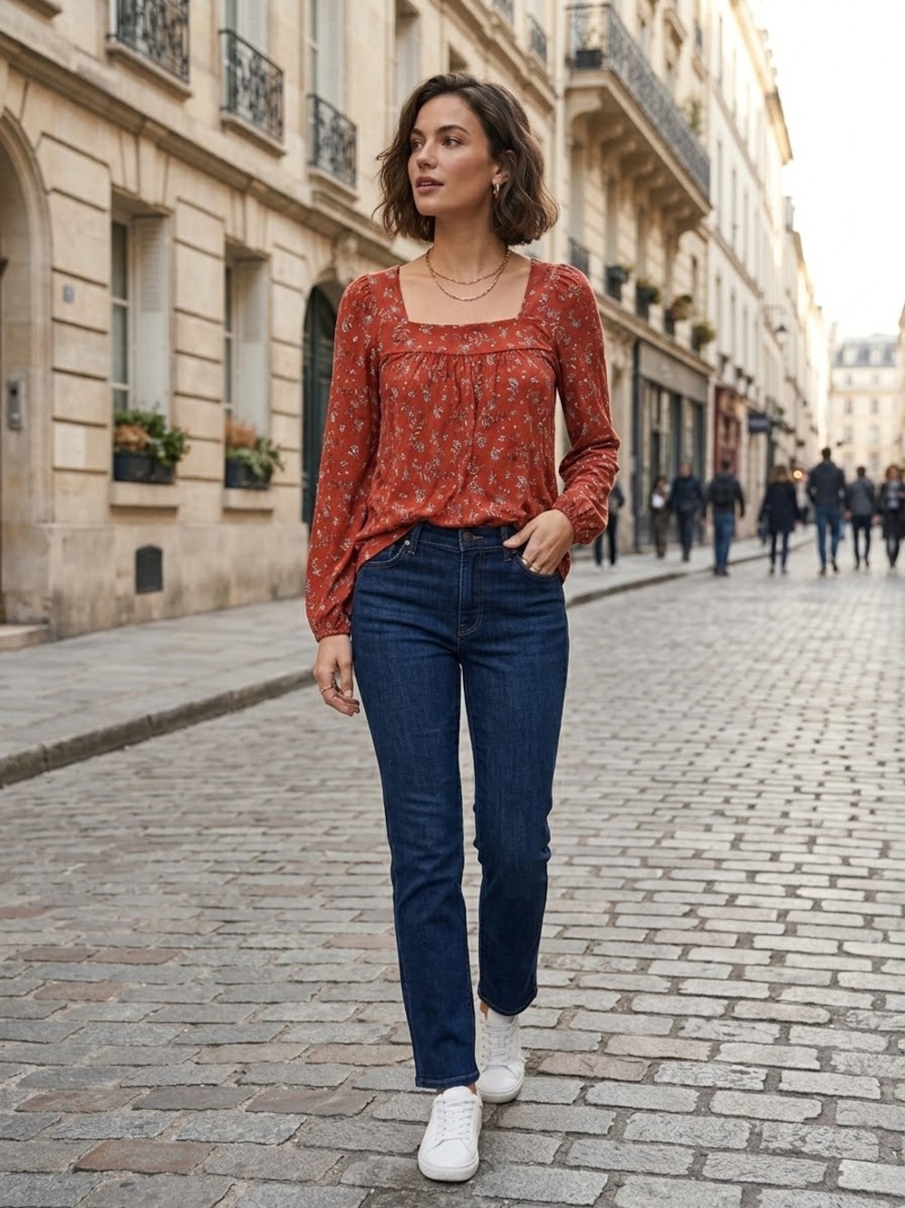 Lucky Brand Floral Square Neck Knit Top Rust Red Peasant Blouse Top Sz M New